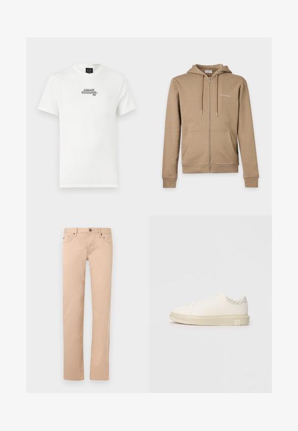 Sweat à capuche beige zippé avec poches avant, capuche avec cordelette et petit texte blanc « Tiger of Sweden » sur la poitrine gauche.; T-shirt en coton blanc avec un logo brodé noir "ARMANI EXCHANGE N.Y." sur la poitrine. Manches courtes et encolure classique.; Pantalon beige à jambe droite avec poches avant, passants pour ceinture, fermeture par bouton et détails de couture, présenté sur un fond clair.; Sneaker blanc avec une tige en toile lisse, des lacets plats, un col rembourré et un accent gris texturé à l'arrière. Semelle en caoutchouc épaisse.