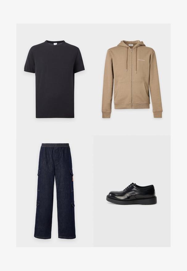 Sweat à capuche beige zippé avec poches avant, capuche avec cordelette et petit texte blanc « Tiger of Sweden » sur la poitrine gauche.; T-shirt noir uni à manches courtes avec un col rond, étiquette blanche à l'intérieur du col, présenté sur un fond gris clair.; Pantalons cargo en denim bleu marine avec une coupe décontractée, dotés d'une taille élastique, de poches latérales et de détails de couture contrastés.; Chaussure en cuir noir à lacets avec un bout rond, surface lisse et une semelle en caoutchouc épaisse dotée de légers rainurages pour une meilleure adhérence.