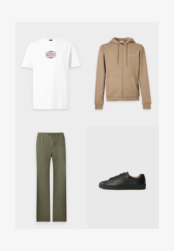 Sweat à capuche beige zippé avec poches avant, capuche avec cordelette et petit texte blanc « Tiger of Sweden » sur la poitrine gauche.; T-shirt blanc à manches courtes avec col rond, doté d'un logo hexagonal bordeaux centré avec le mot "BOSS" sur la poitrine.; Pantalon en lin vert olive avec jambes droites, taille élastique et cordon de serrage à l'avant.; Baskets basses en cuir noir avec surface texturée, lacets noirs et semelle en caoutchouc épaisse, présentées de côté sur un fond clair.