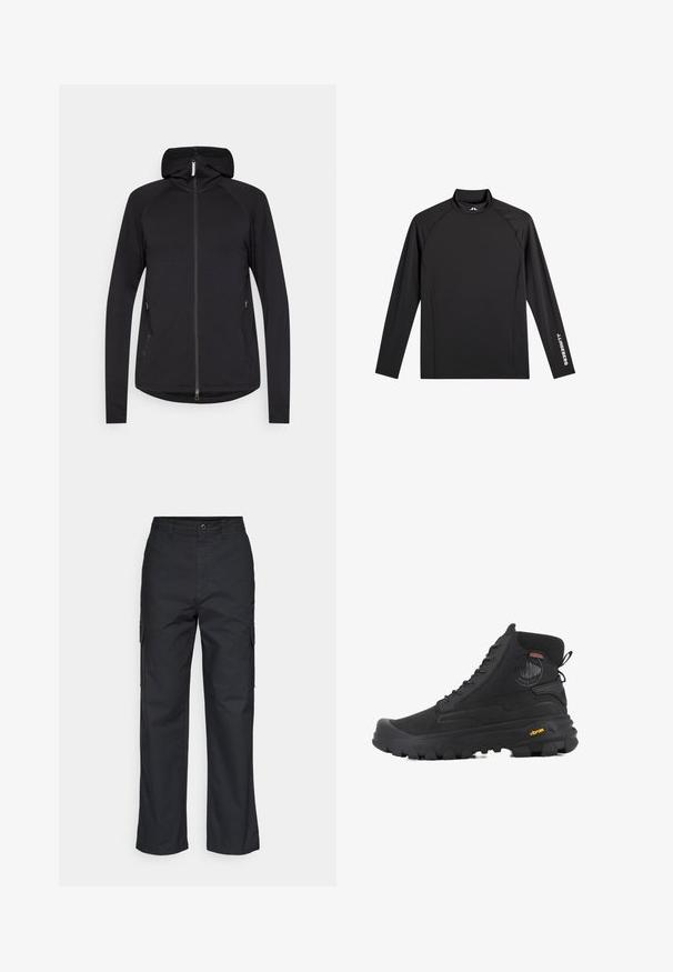 Sort zip-up hoodie med lange ærmer, frontlynlås, sidelommer og fast hætte, præsenteret på en hvid baggrund.; Sort atletisk top med lange ærmer, høj hals, tætsiddende pasform og hvidt "J.Lindeberg" logo på venstre ærme og krave.; Sorte cargo bukser med lige ben i designet, der har sidelommer og et tekstureret stof. Knaplukning i taljen for en sikker pasform.; Sorte høj-top støvler med en tekstureret overflade, der har et vandtæt design, snøresystem og en markant gummisål med Vibram-branding.