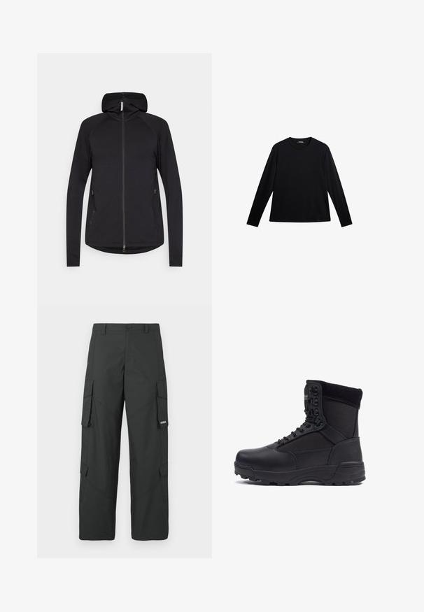 Sort zip-up hoodie med lange ærmer, frontlynlås, sidelommer og fast hætte, præsenteret på en hvid baggrund.; Sort langærmet T-shirt lavet af glat stof, med rund hals og et diskret logo på fronten, i en afslappet pasform.; Sorte straight-leg cargo bukser med sidelommer med klap, knaplukning, bæltestropper og et lille hvidt logo på klappen af højre lomme.; Sort taktisk støvle med en glat læderoverdel og stofpaneler, høj ankeldesign, snørebånd foran og slidstærk gummisål.