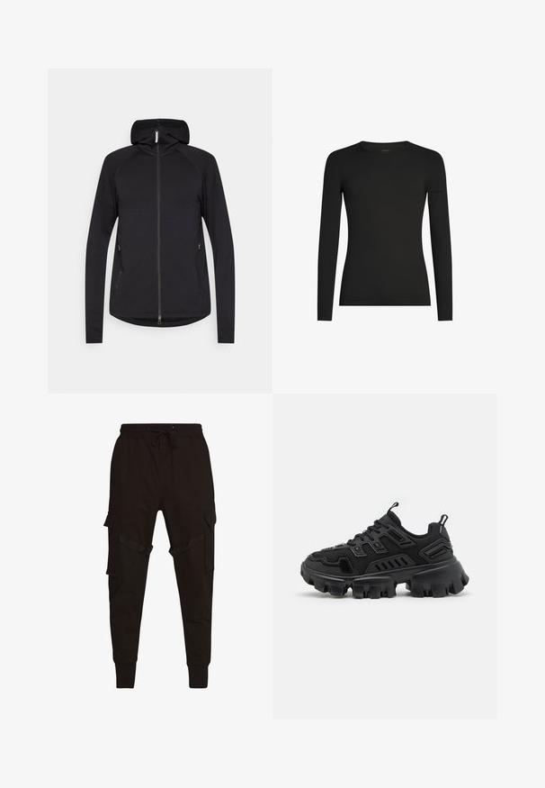 Sort zip-up hoodie med lange ærmer, frontlynlås, sidelommer og fast hætte, præsenteret på en hvid baggrund.; Sort, tætsiddende langærmet T-shirt med rund hals og et diskret Icebreaker-logo på venstre ærme, vist på en hvid baggrund.; Sort cargo-bukser med snøre i taljen, sidelommer og strukturerede detaljer på cargo-lommerne og stropperne. Tætsiddende manchetter ved anklerne.; Sort sportsko med tekstureret gummisål, lagdelte designelementer og forstærkede detaljer. Har snørebånd og en trækflig ved hælen.
