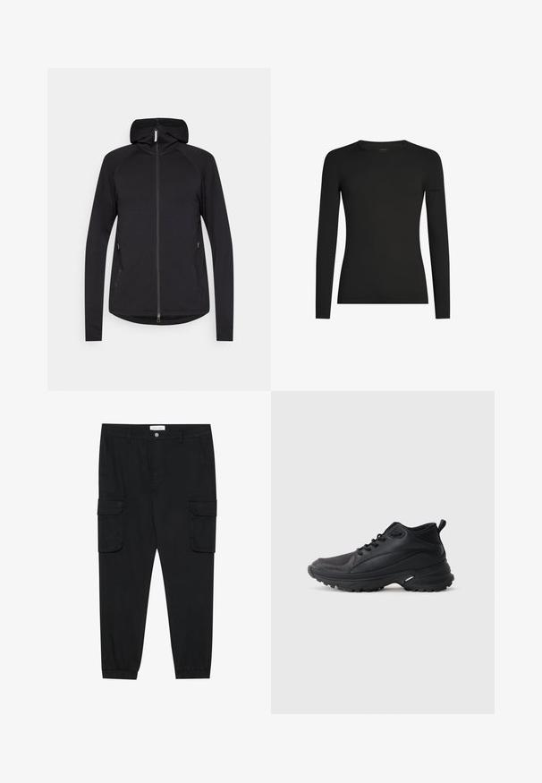 Sort zip-up hoodie med lange ærmer, frontlynlås, sidelommer og fast hætte, præsenteret på en hvid baggrund.; Sort, tætsiddende langærmet T-shirt med rund hals og et diskret Icebreaker-logo på venstre ærme, vist på en hvid baggrund.; Sorte cargo-bukser med lige ben, elastiske manchetter og flere side lommer. Lavet af tekstureret stof med knaplukning.; Sorte atletikskøjter lavet af syntetisk materiale. Har en polstret krave, rund tå, robust ydersål med godt greb og detaljer med mærkelogo.