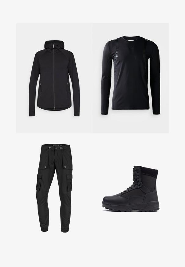 Sort zip-up hoodie med lange ærmer, frontlynlås, sidelommer og fast hætte, præsenteret på en hvid baggrund.; Sort langærmet træningsskjorte lavet af glat, strækbart stof. Har glansfulde sorte detaljer på skuldrene og et Adidas-logo på brystet.; Sorte cargo bukser med flere sidelommer, elastiske manchetter og snor i taljen. Lavet af struktureret stof med minimale hardwaredetaljer.; Sort taktisk støvle med en glat læderoverdel og stofpaneler, høj ankeldesign, snørebånd foran og slidstærk gummisål.