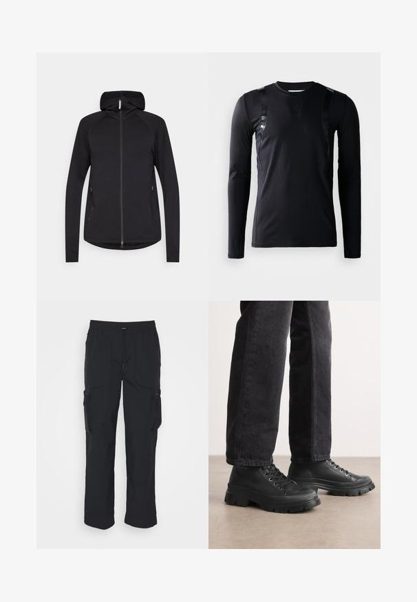 Sort zip-up hoodie med lange ærmer, frontlynlås, sidelommer og fast hætte, præsenteret på en hvid baggrund.; Sort langærmet træningsskjorte lavet af glat, strækbart stof. Har glansfulde sorte detaljer på skuldrene og et Adidas-logo på brystet.; Sorte cargo-bukser lavet af vævet stof. Har justerbar talje, sidelommer og to værktøjslommer med lynlås.; Sorte snørebåndssko med en chunky, struktureret sål og glat overdel. Har metaløjer og en ribbet detalje rundt om tåen.