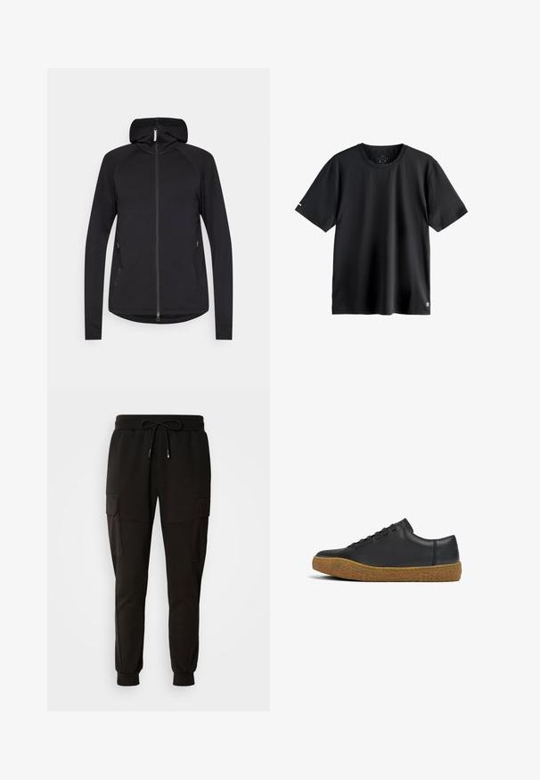 Sort zip-up hoodie med lange ærmer, frontlynlås, sidelommer og fast hætte, præsenteret på en hvid baggrund.; Enkel sort kortærmet sportst-shirt med rund halsudskæring, medium størrelse mærkat indeni halsudskæringen, og lille logo nederst til venstre.; Sorte sweatpants med elastisk talje og snor. Har cargo-lommer på siden og elastiske manchetter ved anklerne.; Sort lædersneakers med rund tå, snørebåndsdesign og struktureret tan gummisål. Med diskrete stikninger som accenter.