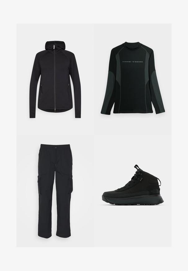 Sort zip-up hoodie med lange ærmer, frontlynlås, sidelommer og fast hætte, præsenteret på en hvid baggrund.; Sort langærmet skjorte med høj krave, lavet af tekstureret stof. Har grå sidepaneler og "NIKE TECH" logo over brystet.; Sorte cargo-bukser lavet af vævet stof. Har justerbar talje, sidelommer og to værktøjslommer med lynlås.; Sorte mid-cut vandresko med en tekstureret overdel i stof, forstærket tåkappe, sikker snøresystem og en polstret sål for godt greb.