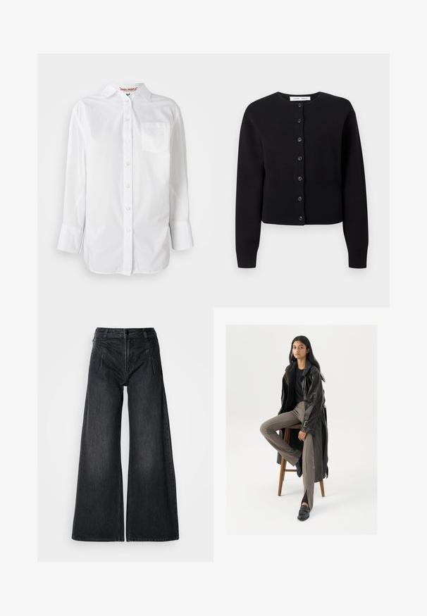 Cardigan noir à manches longues avec six boutons sur le devant, col rond, ourlet et poignets côtelés, présenté sur un fond clair uni.; Chemise blanche à manches longues avec col et poche poitrine, présentée sur un fond uni.; Jean large noir en denim, avec taille haute, deux poches à l'avant et des coutures visibles, présentant une finition texturée subtile.; Manteau trench en cuir noir avec des boutons et une ceinture, associé à un pantalon ajusté marron clair et des mocassins noirs, assis sur un tabouret en bois.