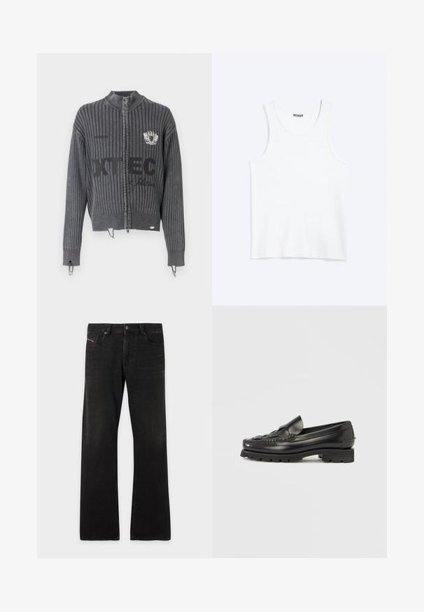 Suéter gris oscuro acanalado con cremallera, mangas largas, texto con logo "XTEC" en el frente y detalle de escudo en el pecho, con dobladillos desgastados.; Camiseta sin mangas blanca con cuello redondo y etiqueta de la marca Weekday en el interior del cuello trasero, mostrada plana sobre un fondo claro.; Pantalones vaqueros de mezclilla negra de pierna recta con cinco bolsillos y cierre de botón, que muestran un ligero desvanecimiento en los muslos y las rodillas.; Mocasines de cuero negro con un diseño cosido, punta redondeada y suela gruesa de goma. Presentan una correa decorativa en la parte delantera.
