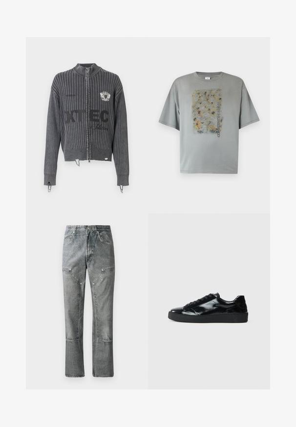 Mørkegrå ribstrikket hættesweater med lynlås, lange ærmer, frontlogo med teksten "XTEC" og våbenskjolddetalje på brystet samt slidte kanter.; Grå oversized T-shirt med et falmet abstrakt folkemængdeprint og lodret "WON HUNDRED" tekst på frontens midte.; Grå denimjeans med lige pasform, der har frontlommer, synlige sømme og en falmet finish. Materialet har en glat overflade.; Sorte laklæder sneakers med rund tå, snørredesign, tekstureret gummisål og en glat overflade.