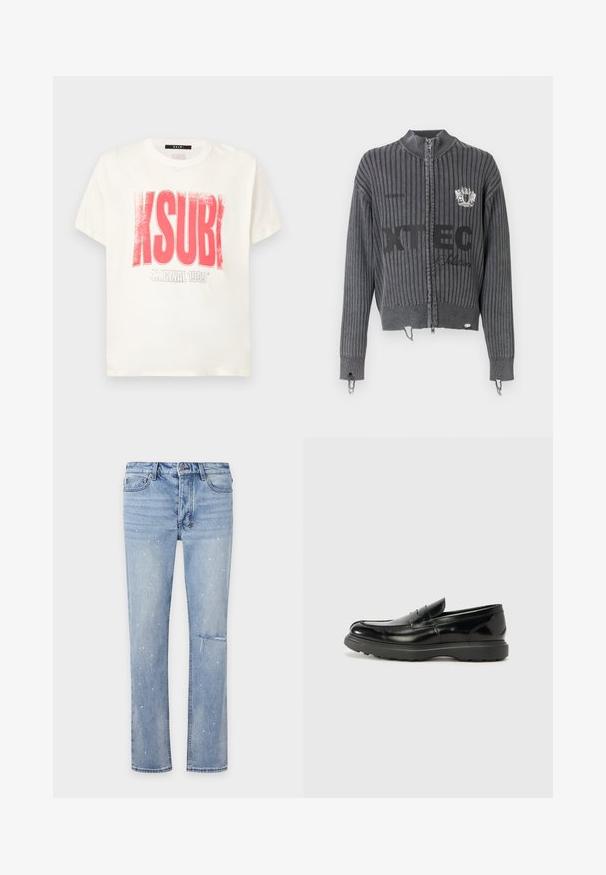 Pull sombre gris foncé à maille côtelée avec fermeture éclair, manches longues, texte du logo frontal "XTEC" et détail écusson sur la poitrine, avec ourlets usés.; T-shirt en coton blanc avec texte graphique rouge vif "KSUBI" et "ORIGINAL 1999" en gris en dessous. Coupe droite, manches courtes.; Jean bleu clair à jambes droites avec des détails de éclaboussures de peinture et une petite déchirure usée sur la cuisse droite, vue de face sur fond blanc.; Mocassin en cuir noir avec une finition brillante, bout arrondi, détails de couture subtils et semelle en caoutchouc épaisse pour la durabilité.