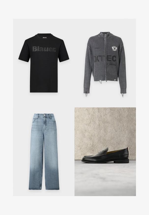 Pull sombre gris foncé à maille côtelée avec fermeture éclair, manches longues, texte du logo frontal "XTEC" et détail écusson sur la poitrine, avec ourlets usés.; T-shirt noir à manches courtes avec l'inscription "Blauer." en grandes lettres gris foncé sur la poitrine et un col rond.; Jean bleu clair taille haute, jambes larges, avec fermeture à boutons et fermeture éclair, poches avant et passants pour ceinture sur un fond uni.; Mocassin pour homme en cuir noir avec un dessus embossé effet croco et un petit talon, présenté de profil sur un fond neutre.