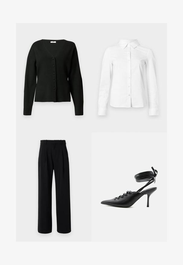Schwarze Strickjacke aus weichem Stoff, mit V-Ausschnitt, langen Ärmeln und einer vorderen Knopfleiste mit fünf Knöpfen.; Weißes langärmeliges Hemd mit spitzem Kragen, geradem Saum und taillierter Silhouette, auf hellem, einfarbigem Hintergrund dargestellt.; Schwarze, hochtaillierte, maßgeschneiderte Hose mit weitem Bein, Gürtelschlaufen und vorderen Falten auf weißem Hintergrund.; Schwarzer spitzer High-Heel-Schuh mit Schnürung vorne und wickelnden Knöchelriemen, die zu einer Schleife gebunden sind, von der Seite auf weißem Hintergrund gezeigt.