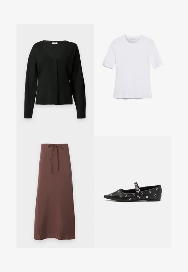 Sort cardigan lavet af blødt stof, med V-hals, lange ærmer og en frontlukning med fem knapper.; Hvid kortærmet t-shirt lavet af ribbet stof. Rund halsudskæring, almindelig pasform og subtile syninger. Ingen mønstre eller grafik.; Brun ankel-lang nederdel med elastisk talje og justerbar snor, lavet af glat stof.; Sort læder fladsko med spids tå, prydet med dekorative sølv øjer og et justerbart bånd over anklen.