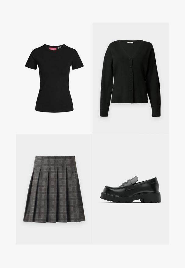 Schwarze Strickjacke aus weichem Stoff, mit V-Ausschnitt, langen Ärmeln und einer vorderen Knopfleiste mit fünf Knöpfen.; Schwarzes Kurzarm-T-Shirt aus Baumwolle. Klassisches Rundhalsdesign mit glatter Textur und figurbetontem Schnitt.; Faltenrock in einem grauen Karomuster, aus einem strukturierten Stoff gefertigt. Verfügt über vertikale Falten und einen geraden Saum.; Schwarze Leder-Loafers mit einer chunky strukturierten Sohle, ausgestattet mit einem Riemen über dem Spann und einer glatten, polierten Oberfläche.