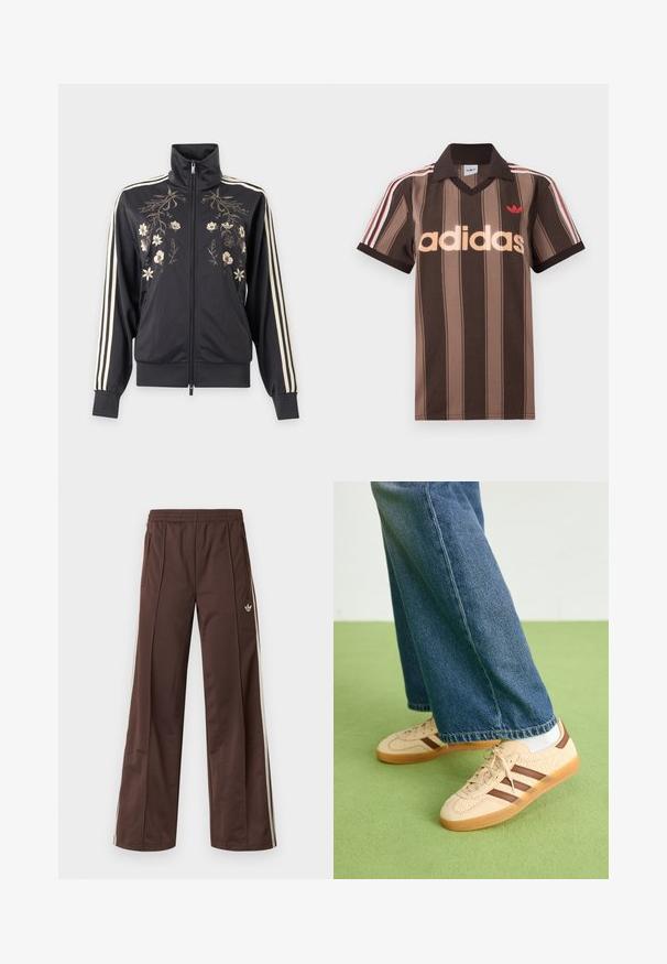 Sort lynlåstrøje med høj krave, cremefarvet blomsterbroderi foran og tre cremefarvede striber langs ærmerne.; Brunstribet Adidas polo-shirt med V-hals, bordeaux krave og rødt logo. Har hvide og røde skulderstriber samt korte ærmer.; Brune atletiske bukser med vidde ben, hvide striber på siden, elastisk linning og to sidelommer. Har et lille logo på benet.; Beige sneakers med teksturerede cremefarvede paneler og brune striber, parret med blå denim jeans. Jeansene har brede ben og en frynset kant.