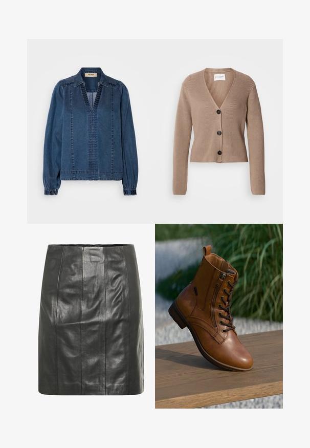 Cardigan beige à côtes, à manches longues, en V, avec trois boutons noirs à l'avant. Texture douce et design court.; Veste en denim bleu foncé, avec un col en V, des manches froncées et des détails de couture texturés. Conçue avec une coupe décontractée et des épaules structurées.; Jupe en cuir noir avec une silhouette ajustée, présentant des coutures verticales pour plus de texture et une finition lisse.; Bottine en cuir marron avec fermeture éclair latérale et lacets, posée sur une surface en bois à l'extérieur avec un arrière-plan flou de verdure.