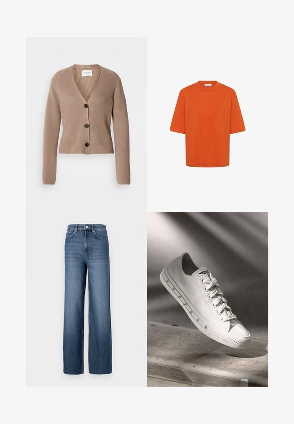 Beige rebrovaný cardigan s dlhými rukávmi, V-výstrihom a tromi čiernymi gombíkmi vpredu. Mäkká textúra a skrátený strih.; Jednoduché oranžové bavlnené tričko s krátkym rukávom, guľatým výstrihom a malou etikietou na zadnej vnútornej strane goliera.; Modré denimové džínsy s vysokým pásom a širokým strihom. Obsahujú klasický dizajn s piatimi vreckami a kovovými gombíkmi.; Biele plátenné tenisky s nízkym strihom, okrúhlou špičkou, viazaním vpredu a textúrovanou gumovou podrážkou. Hladká tkanina a jemné švy.