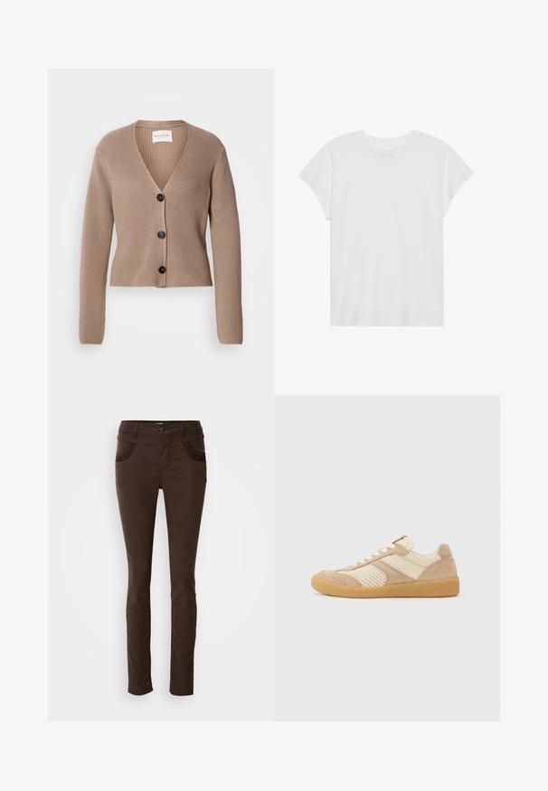 Beige Rippstrick-Cardigan mit langen Ärmeln, V-Ausschnitt und drei schwarzen Knöpfen auf der Vorderseite. Weicher Textur und verkürztes Design.; Weißes kurzärmliges T-Shirt mit Rundhalsausschnitt, lockerer Passform, aus weichem Baumwollstoff. Glatte Textur, keine Muster oder Logos.; Braune, schlank geschnittene Stoffhosen aus Baumwollmischgewebe. Verfügt über eine dekorative Steppnaht an den Fronttaschen, einen Knopfverschluss und eine glatte Textur.; Beige und cremefarbener Sneaker mit niedrigem Schaft, Mesh- und Wildlederpaneelen, weißen Schnürsenkeln und einer Gummisohle in Karamellfarbe, seitlich auf einfachem Hintergrund gezeigt.