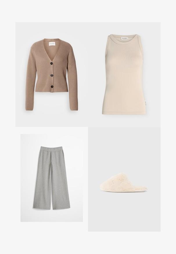 Cardigan beige à côtes, à manches longues, en V, avec trois boutons noirs à l'avant. Texture douce et design court.; Débardeur beige sans manches avec encolure ronde, design simple et petite étiquette de marque sur la couture latérale.; Pantalon gris clair à jambes larges avec ceinture élastique, en tissu tricoté doux, présenté sur un fond blanc uni.; Pantoufle floue de couleur crème avec une texture douce, design à bout ouvert et subtils accents brodés sur le dessus.
