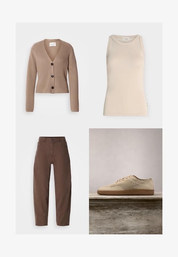 Cardigan beige à côtes, à manches longues, en V, avec trois boutons noirs à l'avant. Texture douce et design court.; Débardeur beige sans manches avec encolure ronde, design simple et petite étiquette de marque sur la couture latérale.; Pantalons marron à jambes droites avec bouton avant et fermeture éclair, passants de ceinture et poches latérales, présentés sur un fond blanc.; Baskets perforées beiges avec bout arrondi, design à lacets, tige en tissu texturé et semelle en caoutchouc marron. Présente de petits trous de ventilation tout au long.