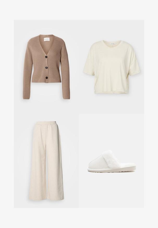 Beige Rippstrick-Cardigan mit langen Ärmeln, V-Ausschnitt und drei schwarzen Knöpfen auf der Vorderseite. Weicher Textur und verkürztes Design.; Locker sitzendes, kurzärmeliges, cremefarbenes T-Shirt mit rundem Ausschnitt, aus weichem Stoff, vor weißem Hintergrund dargestellt.; Hochtaillierte, weit geschnittene Hose aus leicht beigem Stoff. Mit elastischem Bund und seitlichen Taschen. Weiche Textur mit einem lässigen Design.; Weißer Hausschuh mit einem weichen Kunstfellband, Filzoberteil, gepolsterter Sohle und einer strukturierten Gummisohle für rutschfesten Halt. Einfaches, rundes Design.