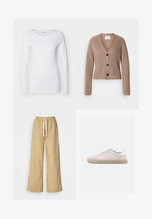 Beige geribde cardigan met lange mouwen, V-hals en drie zwarte knopen aan de voorkant. Zachte textuur en cropped ontwerp.; Witte longsleeve top met een ronde hals. Gemaakt van zachte, gestructureerde stof. Heeft een relaxte pasvorm en naadloze manchetten.; Beige wijde broek van zacht materiaal, met een elastische tailleband met trekkoord, zijzakken en een расслабленный pasvorm.; Beige suède sneakers met een lage profiel, voorzien van een gestructureerd bovenwerk, tonale stiksels en een lichte rubberen zool. Veters maken het ontwerp compleet.