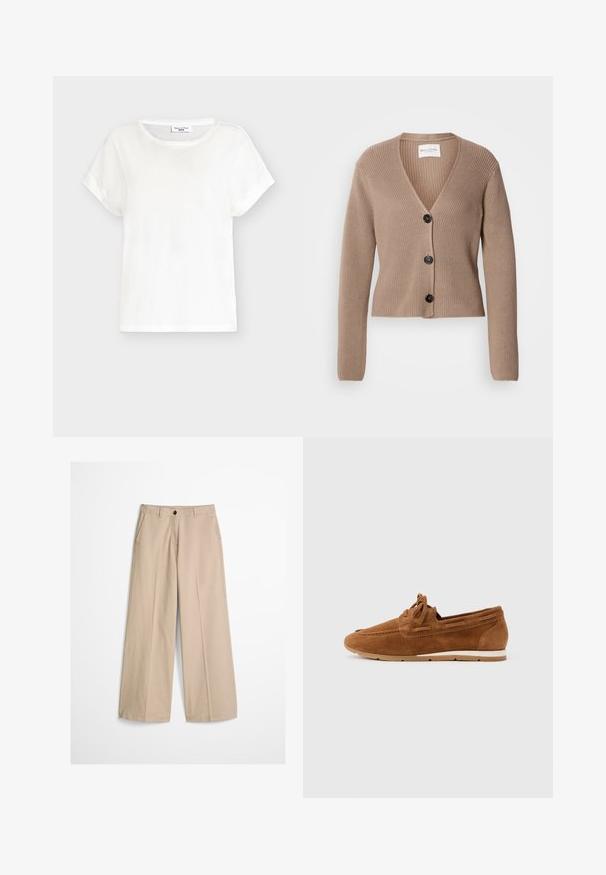 Cardigan beige à côtes, à manches longues, en V, avec trois boutons noirs à l'avant. Texture douce et design court.; T-shirt blanc à manches courtes avec col rond, coupe décontractée et manches légèrement retroussées, présenté sur un fond gris clair.; Pantalon beige à jambes larges avec pli frontal, passants pour ceinture, fermeture par bouton et une petite étiquette en tissu sur le côté droit de la ceinture.; Mocassin en cuir suédé marron avec détail de lacet, semelle en caoutchouc blanche et beige, présenté de profil sur un fond clair uni.