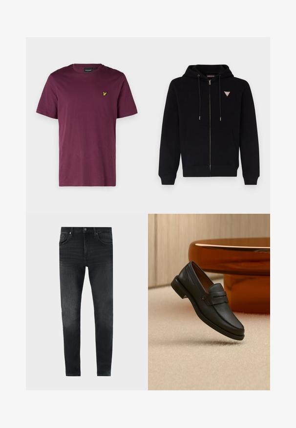 Sort zip-up hoodie lavet af blødt stof, med en kængurulomme, snoretræk i hætten og et lille rødt og hvidt logo på brystet.; Mørkerød bomulds t-shirt med rund hals, korte ærmer og et lille gult ørne-logo på venstre bryst. Glat overflade, almindelig pasform.; Slankt skårne sorte vaskejeans med frontlommer, bæltestropper og knaplukning, præsenteret på en ensfarvet lys baggrund.; Sort læder herreloafer med bånd tværs over toppen, vist på beige tæppe nær et brunt moderne rundt bord.