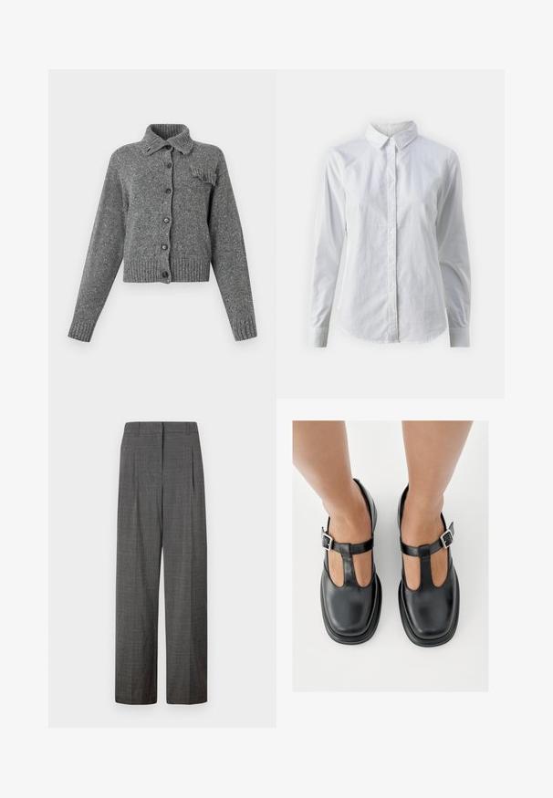 Cárdigan de punto gris con cierre de botones en la parte delantera, cuello acanalado, puños, dobladillo y un pequeño detalle con volantes en el bolsillo del pecho izquierdo.; Camisa blanca de botones hecha de algodón suave, con un cuello clásico, mangas largas y un dobladillo curvado. Los botones son pequeños y blancos.; Vero Moda VMSIKITA WIDE DAD PANT - Pantalones - medium grey/black; Zapatos de cuero negro con diseño de correa en T, punta cerrada y detalles de hebilla plateada. Textura lisa con punta redondeada y suela plana.