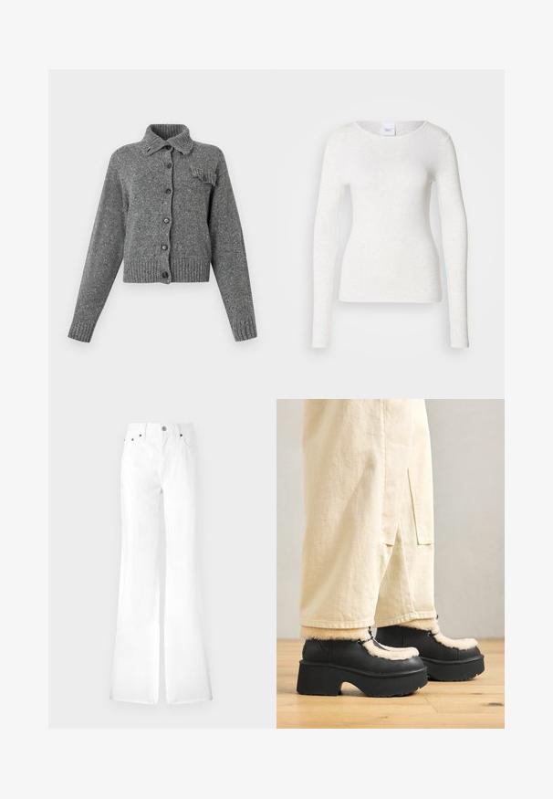 Grå strikket cardigan med knap-lukning foran, ribbet krave, manchetter, kant og en lille flæse-detalje på venstre brystlomme.; Hvid langærmet t-shirt i et blødt, letvægtsstof med rund halsudskæring og slank pasform, der har en diskret struktur.; Hvide denim flared jeans med høj talje, fem lommer og metalknaplukning. Glat tekstur, enkelt design; lige ben der smalner ind ved kanten.; Sorte platformstøvler med en rund tå, der har en fluffy cremefarvet krave og snøre detaljer, parret med løse beige bukser på et trægulv.