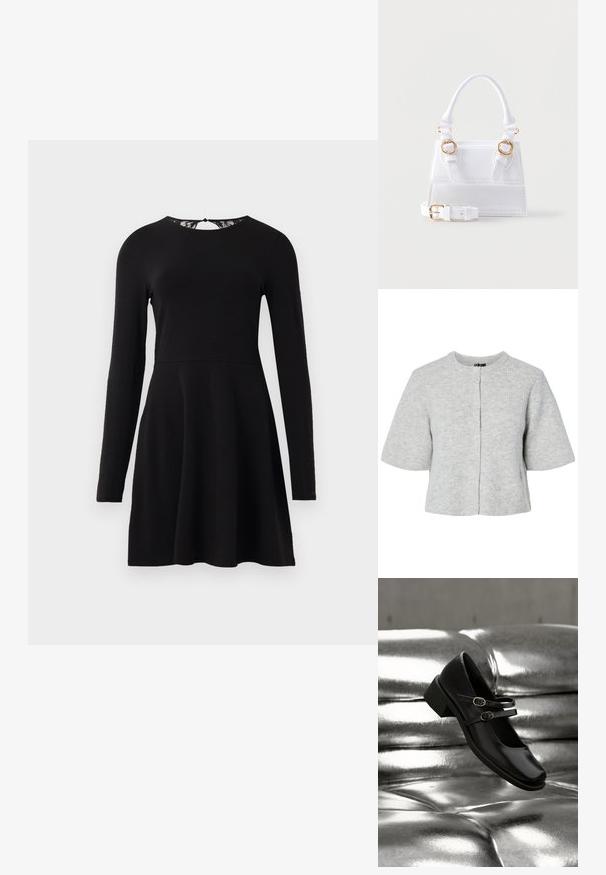 Graue Kurzarm-Strickjacke aus Rippstrick mit rundem Ausschnitt und vier Knöpfen vorne. Einfaches und kurzes Design.; Schwarzes langärmliges Kleid mit weitem Rock und eng anliegendem Oberteil, mit einer Spitzenverzierung am Rückenausschnitt. Glatte Stoffoberfläche.; Schwarzer Mary Jane Schuh aus Leder mit zwei geschnallten Riemen, der über einem glänzenden, gepolsterten silbernen Sofa schwebt.; Weiße strukturierte Handtasche mit oberem Griff, zwei goldfarbenen Schnallen auf der Vorderseite und einem abnehmbaren, verstellbaren Schulterriemen.