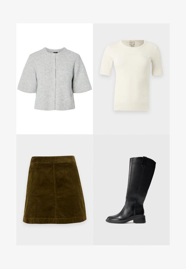 Grå kortærmet cardigan lavet af ribstrikket stof med rund halsudskæring og fire knapper foran. Enkel og kort design.; Off-white, kortærmet ribstrikket top med rund halsudskæring og Calvin Klein-mærke på indersiden af kraven bagpå.; Brun kordfløjl mini skirt med lodrette ribber, lige snit og en ren kant. Har en simpel talje uden udsmykninger.; Sort, høj læderstøvle der går til knæet, med en lav blokhæl og en trækflap øverst, vist mod en ensfarvet lys baggrund.