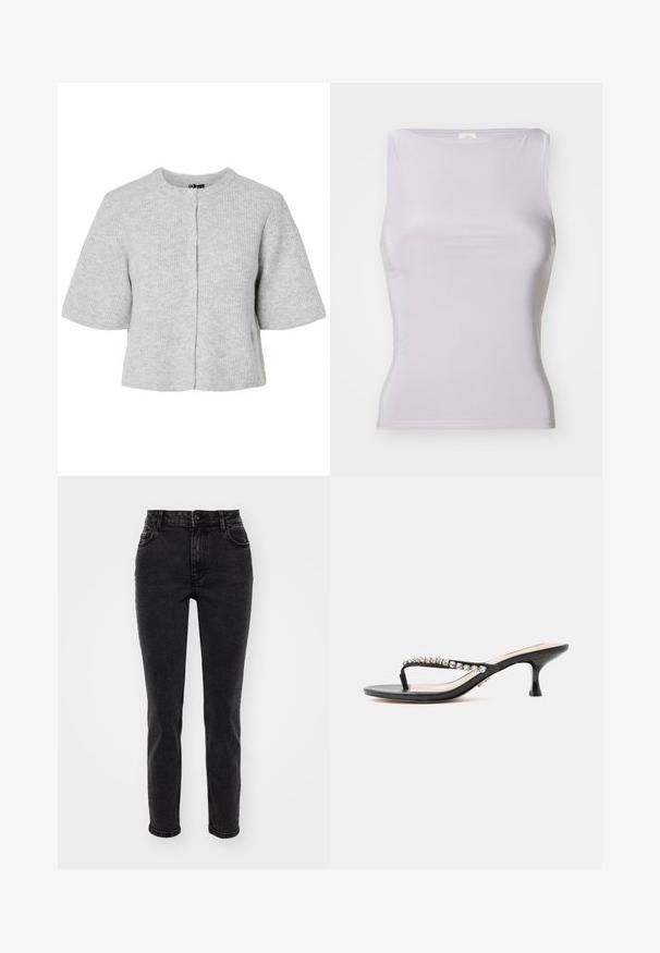 Cárdigan gris de manga corta hecho de tela acanalada con cuello redondo y cuatro botones en la parte delantera. Diseño sencillo y corto.; BDG Urban Outfitters LIA - Top - grey; Jeans de mezclilla negra con corte recto, diseño de cinco bolsillos, presillas para cinturón estándar y una textura suave. Cierre frontal con botón.; Sandalia negra de tacón con finas tiras adornadas con brillantes transparentes y un tacón bajo tipo kitten sobre fondo blanco.