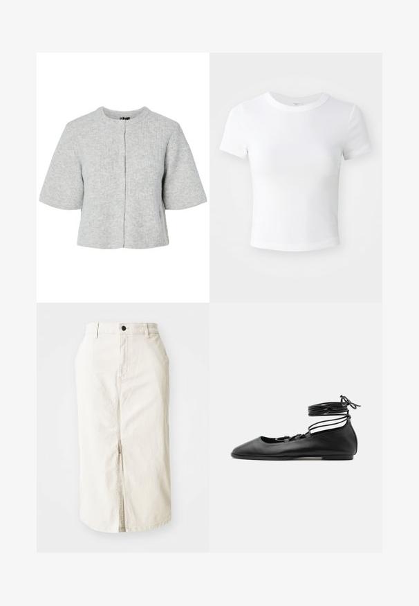 Grå kortærmet cardigan lavet af ribstrikket stof med rund halsudskæring og fire knapper foran. Enkel og kort design.; Simpel hvid kortærmet cropped t-shirt med rund halsudskæring, præsenteret på en neutral lys baggrund.; Beige bomulds midi skirt med frontslids, øverste knaplukning og uden synlige lommer. Flad talje og glat tekstur.; Sort læder flad balletsko med spids tå, flere tynde stropper over toppen og snørebånd viklet rundt om anklen.