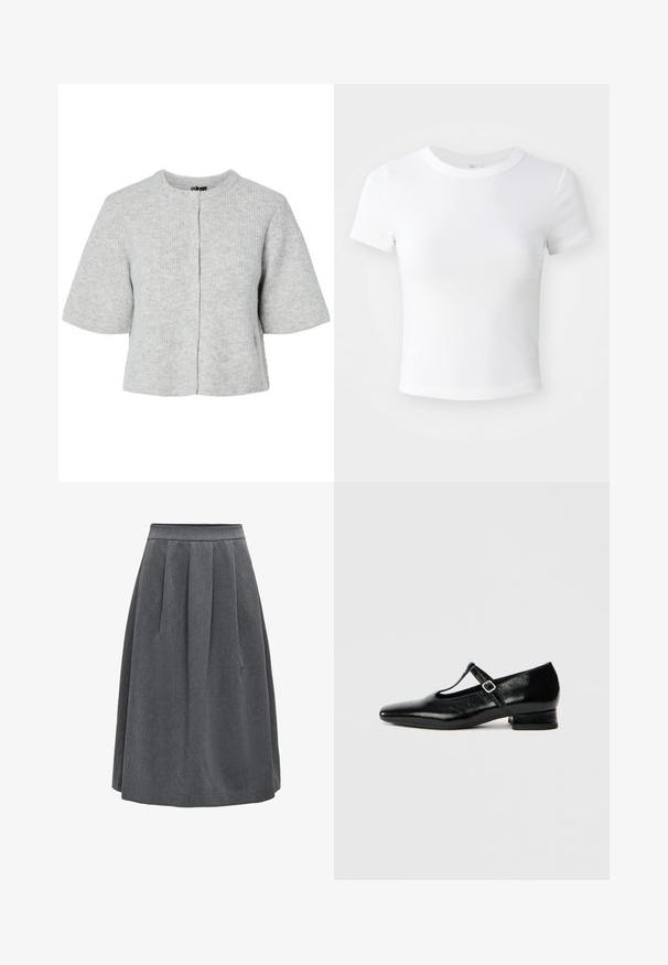 Cardigan gris à manches courtes en tissu côtelé avec un col rond et quatre boutons sur le devant. Design simple et court.; T-shirt courte à manches courtes, blanche, avec un col rond, présentée sur un fond neutre et lumineux.; Jupe plissée gris foncé de longueur moyenne avec une taille ajustée, conçue pour un usage décontracté ou professionnel.; Chaussures Mary Jane en cuir noir avec bout pointu, petit talon carré et bride ajustable avec une boucle argentée. Texture lisse et brillante.