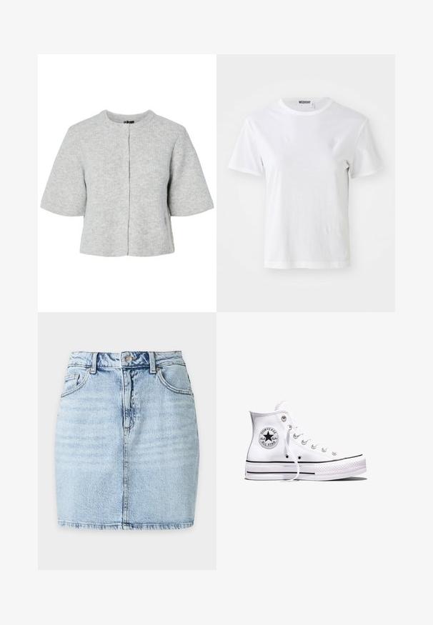 Cárdigan gris de manga corta hecho de tela acanalada con cuello redondo y cuatro botones en la parte delantera. Diseño sencillo y corto.; Camiseta blanca de manga corta hecha de una tela suave. Cuenta con un escote redondo y un corte recto, con una etiqueta en el cuello interior.; Minifalda vaquera azul claro con botón delantero, trabillas, dos bolsillos frontales y costura vertical visible en el centro.; Zapatilla Converse Chuck Taylor All Star blanca de caña alta con rayas negras y parche de logo en el lateral, mostrada sobre un fondo blanco liso.