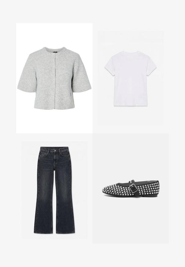 Grå kortærmet cardigan lavet af ribstrikket stof med rund halsudskæring og fire knapper foran. Enkel og kort design.; Hvid kortærmet t-shirt i bomuld med rund hals, lagt fladt på en hvid baggrund.; Sorte denimjeans med højtaljet, lukning med knap og lynlås, forlommer og let udvidede ben.; Sort flad sko med rund tå, nitterdesignet med metalliske accenter og en spænde-rem over vristen.