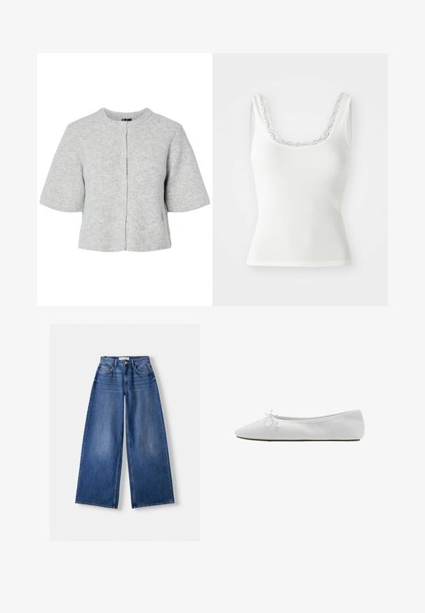Cardigan gris à manches courtes en tissu côtelé avec un col rond et quatre boutons sur le devant. Design simple et court.; Débardeur blanc à côtes avec un décolleté en scoop orné d'une délicate bordure en dentelle. Conception sans manches avec une silhouette ajustée.; Jeans en denim bleu à jambes larges avec poches avant, passants de ceinture et fermeture par bouton, posés à plat sur un fond clair.; Ballerine blanche à bout pointu avec un petit nœud sur le dessus et une semelle basse et plate.