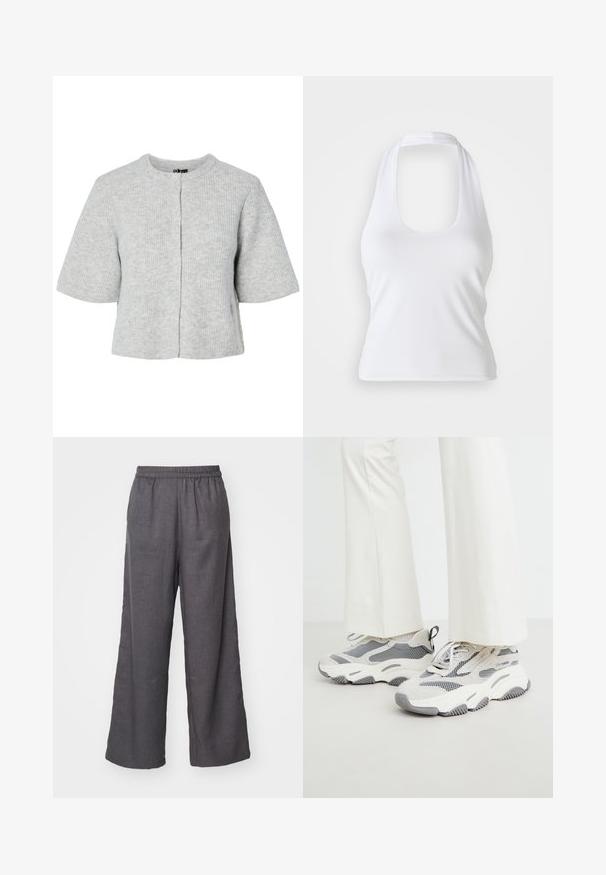 Cardigan gris à manches courtes en tissu côtelé avec un col rond et quatre boutons sur le devant. Design simple et court.; Haut halter blanc avec un décolleté en forme de cœur, fabriqué en tissu lisse et extensible. Présente un design minimaliste sans embellissements ni motifs.; Pantalons larges, gris foncé, en tissu léger. Dotés d'une taille élastique et d'un design épuré et minimaliste.; Baskets athlétiques chunky de couleur gris clair, présentant un mélange de matériaux en maille et textile, avec des accents à motifs et une épaisse semelle en caoutchouc.