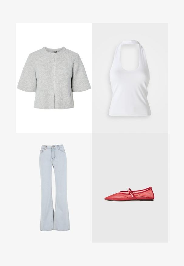 Grå kortærmet cardigan lavet af ribstrikket stof med rund halsudskæring og fire knapper foran. Enkel og kort design.; Hvid halterneck top med scoop-udskæring, lavet af glat, strækbart stof. Har et minimalistisk design uden dekorative elementer eller mønstre.; Lyseblå udsvingende jeans lavet af denim med høj talje, fem lommer og kontrasterende syninger langs sømmene.; Røde mesh ballet-sko med spids tå og en rem over vristen. Skinnende detaljer forbedrer designet, som har en flad sål.