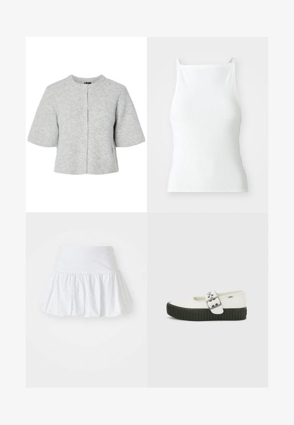 Cardigan gris à manches courtes en tissu côtelé avec un col rond et quatre boutons sur le devant. Design simple et court.; Débardeur blanc côtelé avec de fines bretelles, présentant un design ajusté et une texture lisse. Le tissu semble élastique et légèrement structuré.; Jupe évasée blanche fabriquée en tissu léger, avec un design froncé et une taille élastique pour le confort. Pas de motifs ni d'accents visibles.; Chaussure Mary Jane blanche Vans avec semelle épaisse noire côtelée et large bride à boucle argentée sur fond gris uni.