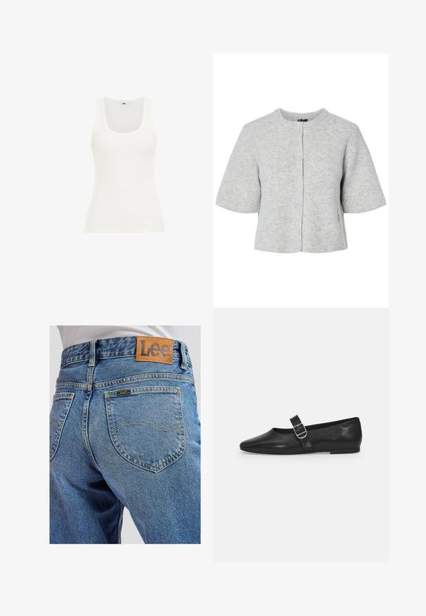 Grå kortærmet cardigan lavet af ribstrikket stof med rund halsudskæring og fire knapper foran. Enkel og kort design.; Hvid ribbet tanktop med rund halsudskæring og brede stropper. Stoffet ser strækbart og tætsiddende ud, velegnet til lag-på-lag eller afslappet brug.; Blå denimbukser med baglommer med gule syninger og et brunt lædermærke med Lee-brand på linningen.; Sorte læder flade sko med rund tå, et enkelt justerbart spænde og en glat, blank overflade. Minimalistisk design med en lav hæl.