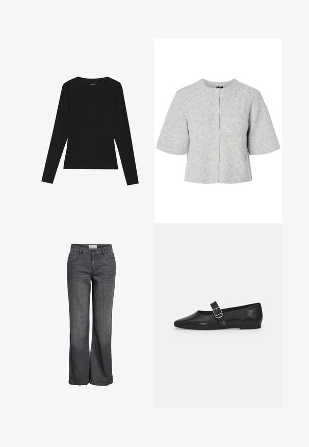 Cardigan gris à manches courtes en tissu côtelé avec un col rond et quatre boutons sur le devant. Design simple et court.; T-shirt noir à manches longues en maille côtelée avec un col rond et une silhouette ajustée. Le tissu a une texture lisse et une qualité extensible.; Jean large en denim gris foncé. Caractéristiques : taille haute, design traditionnel à cinq poches et ourlet net sans embellissements.; Chaussure plate en cuir noir avec un bout arrondi, une seule sangle réglable à boucle et une texture lisse et brillante. Design minimaliste avec un petit talon.