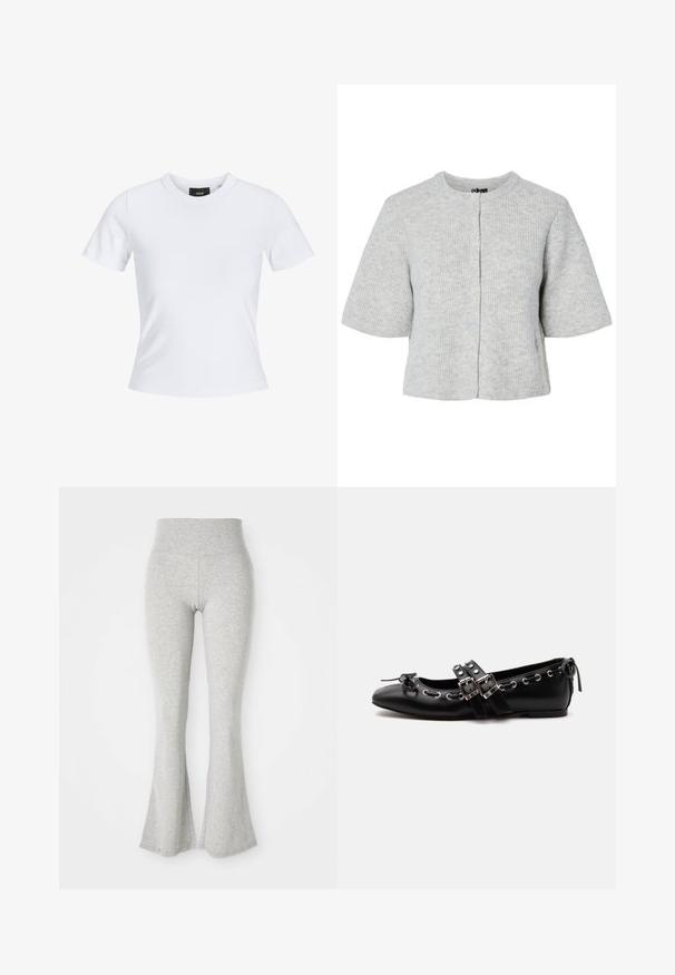 Grå kortærmet cardigan lavet af ribstrikket stof med rund halsudskæring og fire knapper foran. Enkel og kort design.; Hvid tætsiddende t-shirt med korte ærmer, rund halsudskæring og et lille sort mærke indeni kraven.; Grå bredfede leggings lavet af blødt stof, med en elastisk talje og en glat struktur, der taper ned til en bred flade ved kanten.; Sort flad balletsko med dobbelt spænde, sølvøjer og en lille sløjfe nær den runde tå på en hvid baggrund.