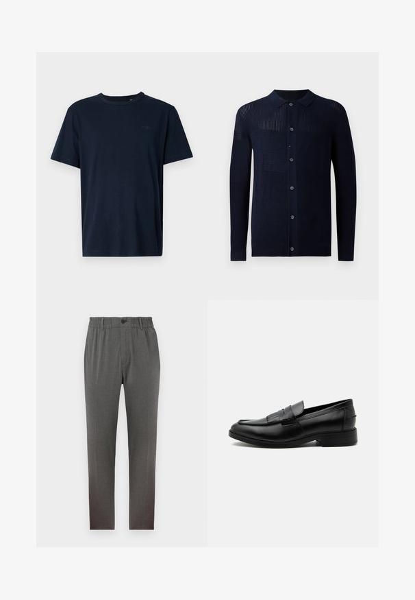 Cárdigan marino con cierre de botones, cuello y patrones de textura variados. Presenta mangas largas y un ajuste casual. Fabricado con un material de punto suave.; Camiseta de manga corta azul marino hecha de tela suave, con cuello redondo, con un pequeño logo y el año "1962" impreso en el pecho.; Pantalones grises con un diseño a medida, que cuentan con una cinturilla elástica, cierre de botón y piernas rectas; hechos de una tela suave y texturizada.; Mocasín negro de cuero para hombre con detalle de borlas, punta redondeada, tacón bajo y acabado liso y pulido, mostrado de lado sobre un fondo blanco.
