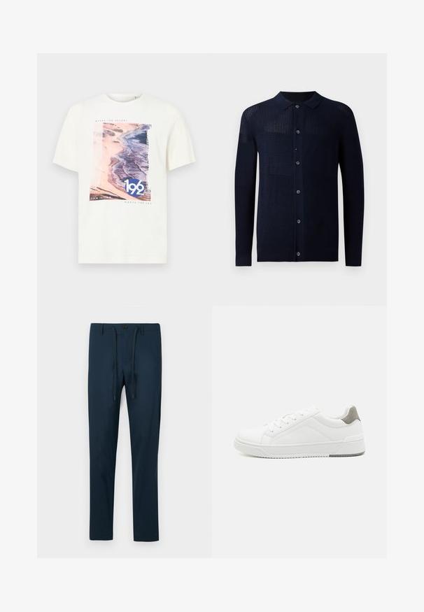 Cardigan marine avec boutons sur le devant, col et motifs de textures variés. Il possède des manches longues et une coupe décontractée. Fabriqué à partir d'un matériau tricot doux.; T-shirt blanc à manches courtes présentant un graphique de scène de plage en rose et bleu avec le texte "192" et "TOM TAILOR MEETS THE SEA". Tissu en coton doux.; Pantalons bleu marine en tissu léger, dotés d'une fermeture à bouton et d'un cordon de serrage ajustable, avec une coupe slim et fuselée.; Basket blanche en cuir lisse, à bout arrondi, design minimaliste, accent de talon gris et semelle en caoutchouc texturé.
