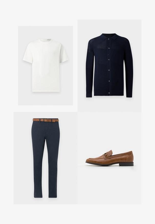 Cardigan marine avec boutons sur le devant, col et motifs de textures variés. Il possède des manches longues et une coupe décontractée. Fabriqué à partir d'un matériau tricot doux.; T-shirt blanc uni à manches courtes et col rond présenté sur un fond gris clair.; Chinos bleu foncé en coton avec une texture lisse. Présentent une ceinture en suède marron avec une boucle et un design à jambe droite.; Mocassins en cuir marron avec un talon plat, ornés d'un accent métallique décoratif à l'avant, au design épuré et à la texture lisse.