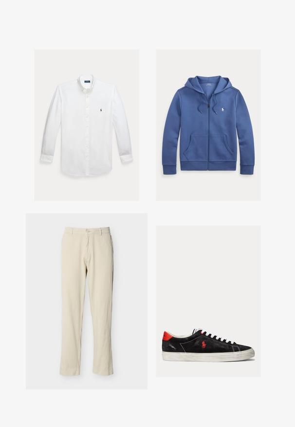 Modrá mikina na zips s kapucňou, sťahovacími šnúrkami, prednými vreckami a malým bielym logom Polo Ralph Lauren na ľavej strane hrudníka.; Biela košeľa s dlhým rukávom na gombíky, so zapínaním na golieri a malým tmavomodrým vyšívaným logom Polo Ralph Lauren na prsiach.; Béžové nohavice so zúženými rovnými nohavicami, s pútkami na opasok, zapínaním na gombíky a prednými vreckami, zobrazené na bielom pozadí.; Čierne semišové tenisky s bielymi šnúrkami, červenými akcentmi na päte a malým červeným logom. Obsahujú plochú gumovú podrážku a jednoduché prešívanie.