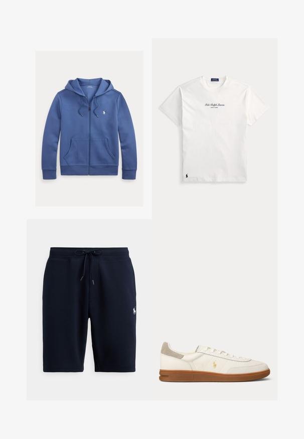 Sweat à capuche bleu zippé avec cordons, poches avant et petit logo blanc Polo Ralph Lauren sur la poitrine gauche.; T-shirt blanc à manches courtes Polo Ralph Lauren avec texte "Polo Ralph Lauren New York" sur la poitrine et petit logo noir près de l'ourlet inférieur.; Shorts de sport en coton bleu marine avec taille élastique, cordon de serrage et logo sur le côté gauche. Texture lisse, longueur au genou.; Baskets basses en cuir blanc avec semelle en caoutchouc marron, patch en daim beige au talon et petit logo Polo doré sur le côté.